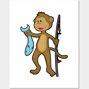 Monkey at Fishing with Fishing rod & Fish Posters and Art